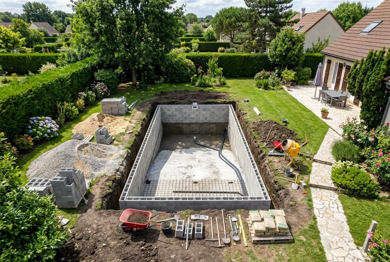 Fondation en creux d’une piscine enterrée en construction dans un jardin, avec parpaings, coffrage et équipements de chantier autour. On voit terrassement, tas de matériaux, brouettes et outils, près d’une terrasse avec maison et végétation. Comment construire une piscine enterrée est le sujet.