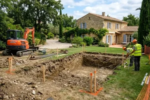 Terrain en creusage pour piscine enterrée avec engin de chantier, planches et marqueurs autour. Jardins et maison en pierre en arrière-plan. Étapes de construction d'une piscine enterrée en cours.
