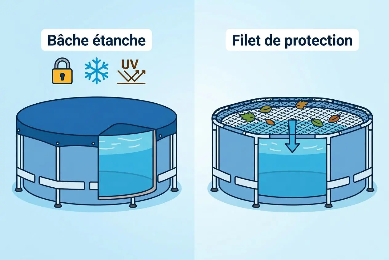 Bâche étanche et filet de protection pour piscine hors sol, illustration d’un hivernage avec verrouillage, UV et feuilles tombées. entretien piscine hors sol hiver intégré.