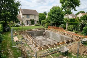 Chantier de piscine enterrée en cours avec fond et parois en béton, entouré d’un cadre en bois et d’un jardin résidentiel. Démarches administratives piscine enterrée évoquées.