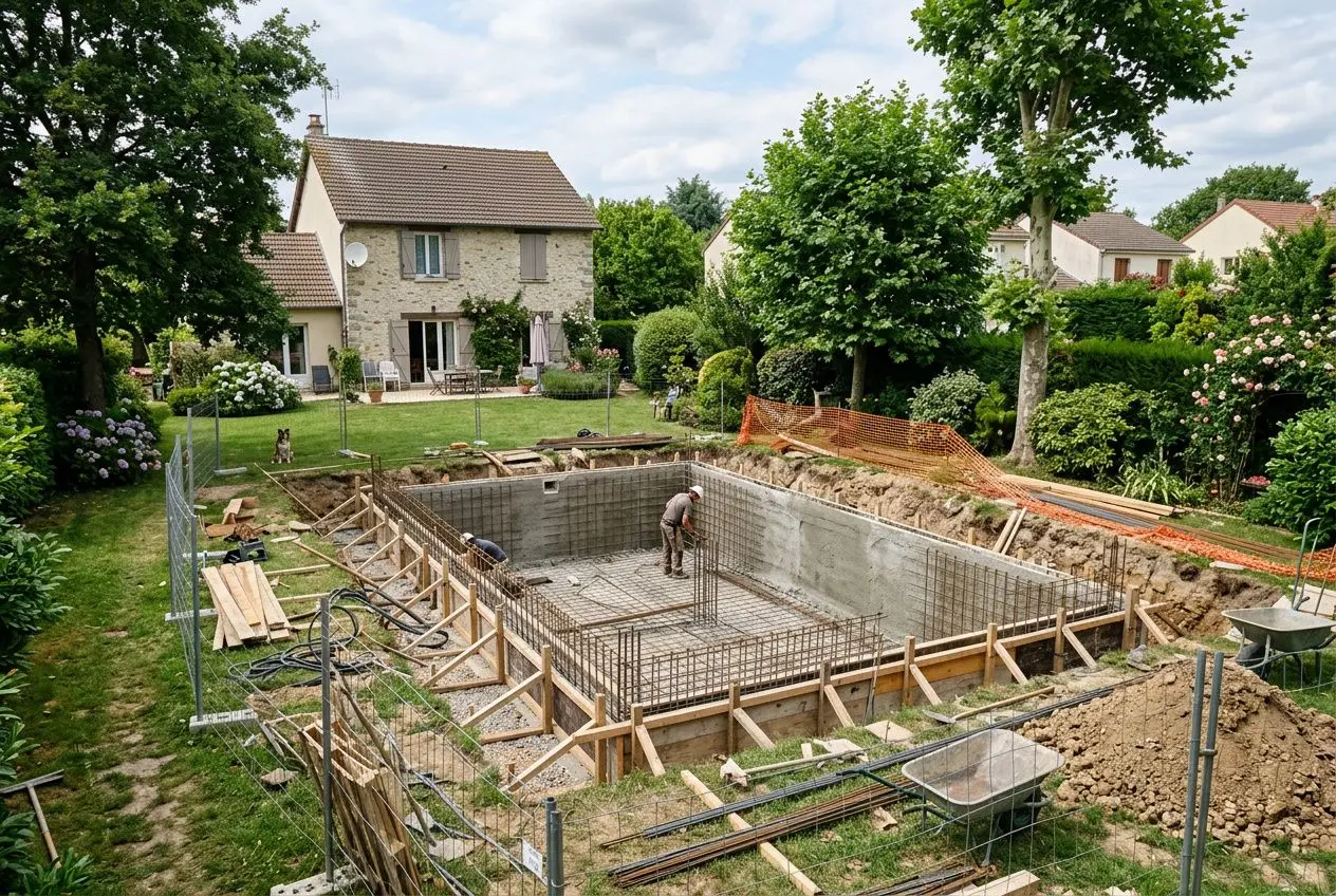 Chantier de piscine enterrée en cours avec fond et parois en béton, entouré d’un cadre en bois et d’un jardin résidentiel. Démarches administratives piscine enterrée évoquées.