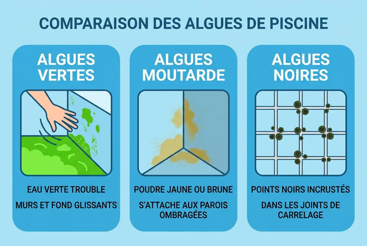 Comparaison des algues de piscine montrant algues vertes sur murs et fond, algues moutarde avec taches jaunes ou brunes sur parois, et algues noires incrustées dans les joints de carrelage, lié au traitement algues piscine.