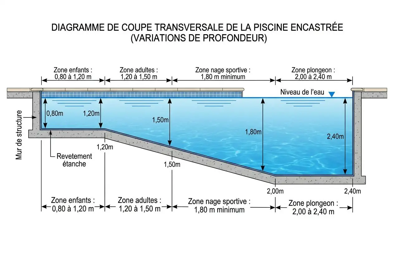 Diagramme de coupe transversale d’une piscine enterrée avec profondeurs et dimensions (zones enfants et adultes) et cône de niveau d’eau, montrant les épaisseurs de paroi et le revêtement étanche.