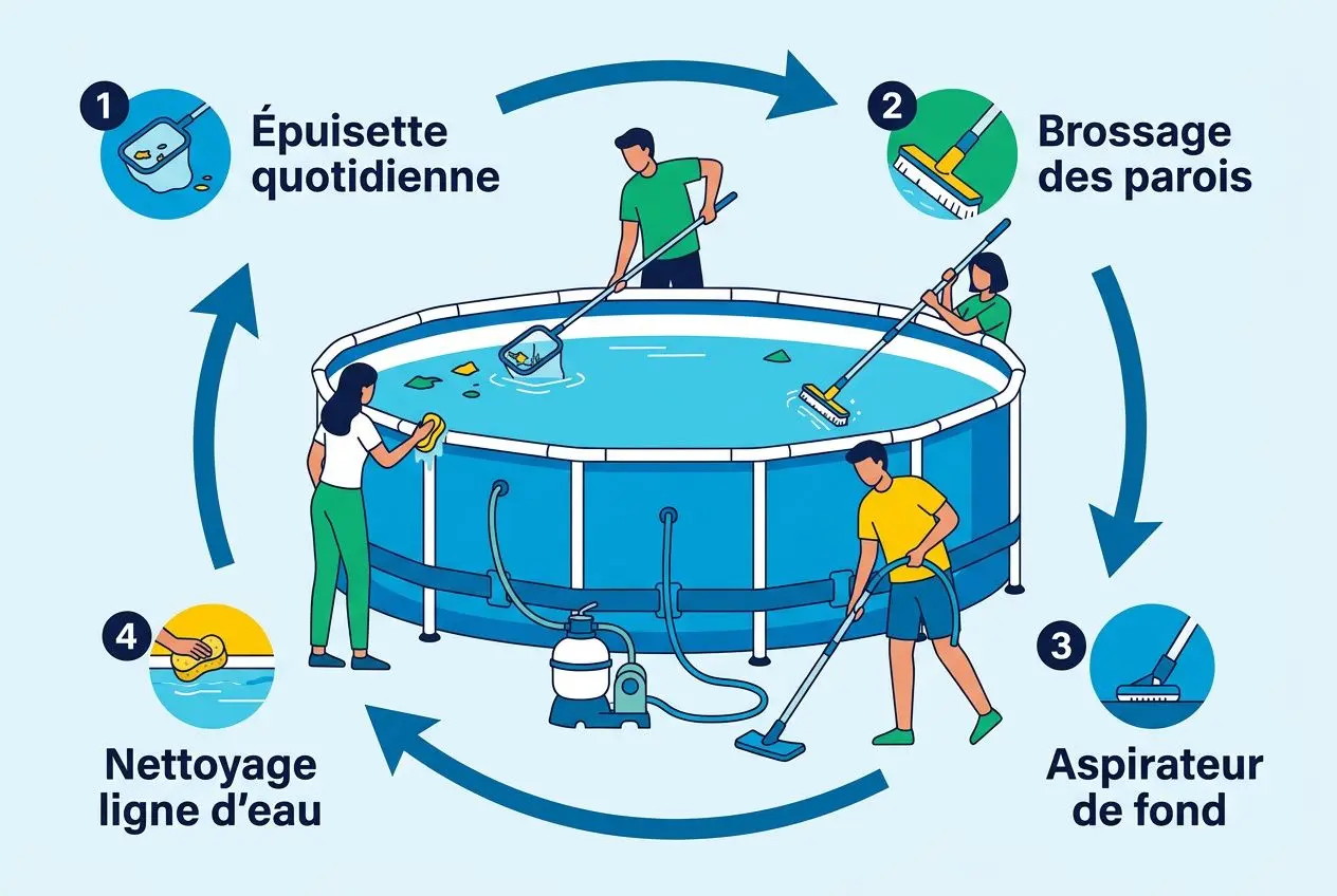 Diagramme explicatif sur l’entièreté de l’entretien piscine hors sol avec épuisette, nettoyage des parois, aspirateur et rinçage pour une eau propre.
