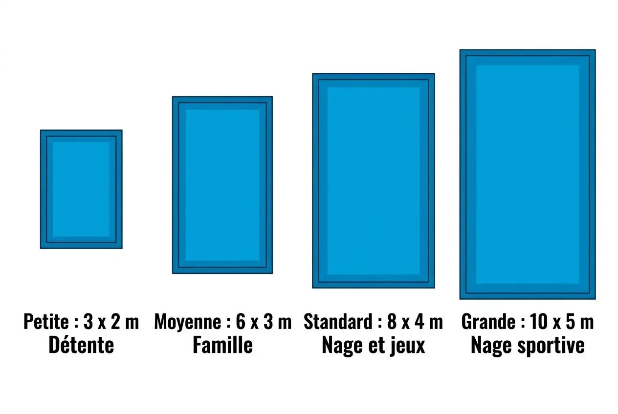 Différentes tailles de piscine dessinées: Petite 3x2 m Décompression, Moyenne 6x3 m Famille, Standard 8x4 m Nage et jeux, Grande 10x5 m Nage sportive. Intègre la notion de longueur et largeur.