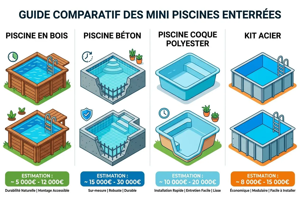Guide des mini piscines enterrées: illustration des options bois, béton, coque polyester et kit acier avec estimations de prix et critères. mini piscine enterrée tout compris.