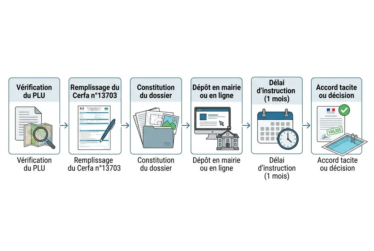 Illustration d’un process de démarches administratives piscine enterrée: vérification du PLU, remplissage CERFA 13703, constitution du dossier, dépôt en mairie ou en ligne, délai d’instruction et accord tacite ou décision.