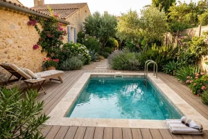 Mini piscine enterrée tout compris : piscine extérieure rectangulaire blanche entourée de deck en bois, dans un jardin arboré et climatisé, avec chaises longues et plantes autour.