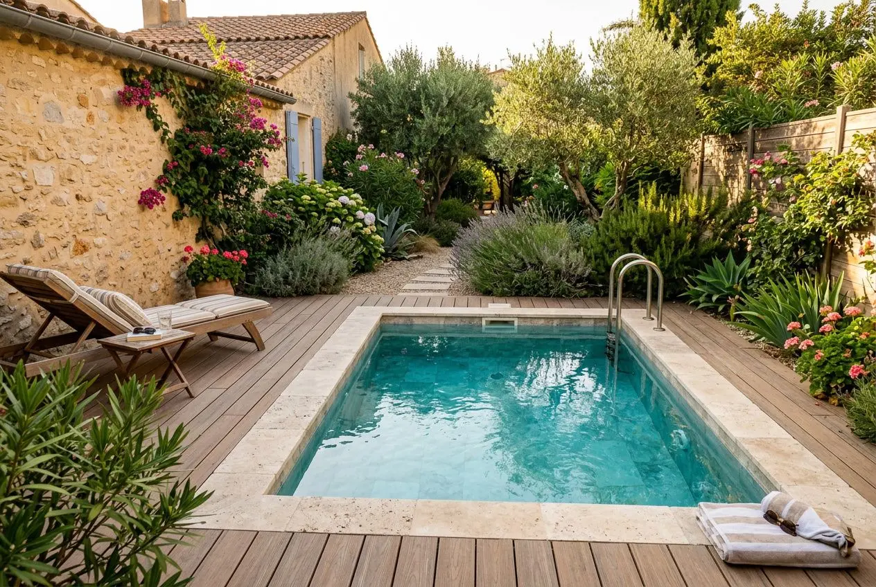 Mini piscine enterrée tout compris : piscine extérieure rectangulaire blanche entourée de deck en bois, dans un jardin arboré et climatisé, avec chaises longues et plantes autour.
