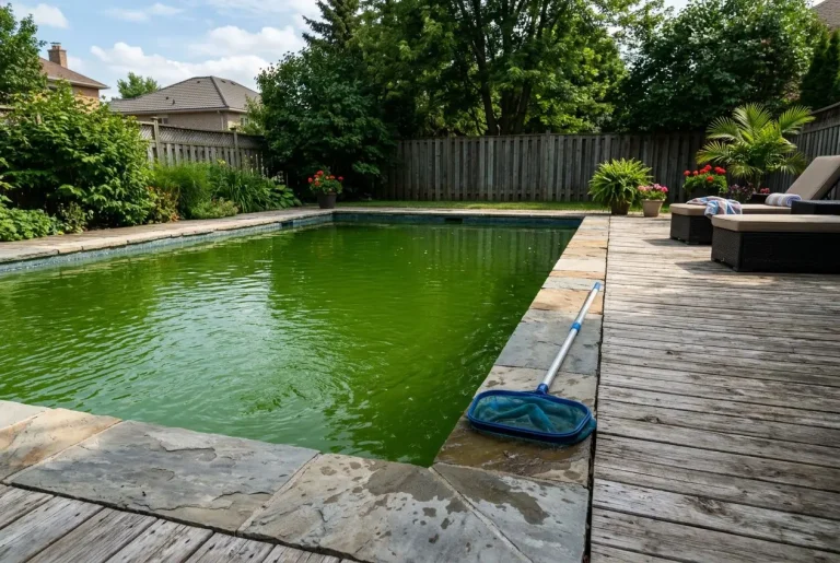 Piscine domestique à l’eau verte, avec filet et épuisette sur le rebord en bois bois de terrasse environnée de verdure et meubles extérieurs.