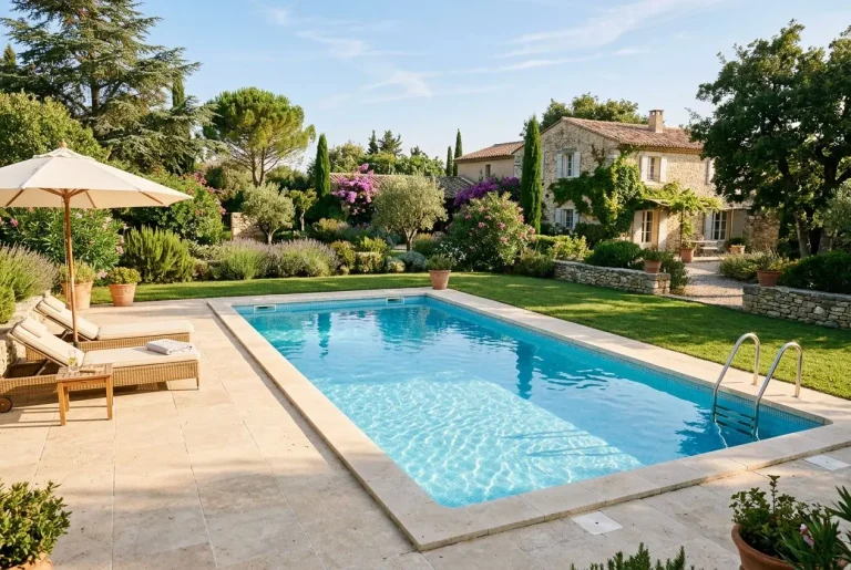 Piscine enterrée rectangulare dans un jardin harmonieux, avec terrasse, transats et parasol, maison de pierre en arrière-plan. Taille idéale d'une piscine enterrée évoquée par le cadre patio.