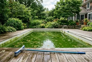 Piscine extérieure recouverte d’algues vertes, avec une brosse et un balai sur le bois du deck, paysage jardin et maison en arrière-plan, traitement algues piscine suggéré.