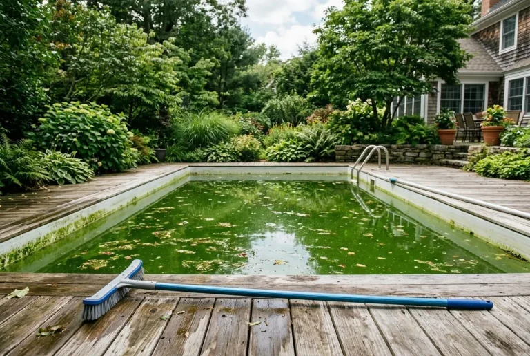 Piscine extérieure recouverte d’algues vertes, avec une brosse et un balai sur le bois du deck, paysage jardin et maison en arrière-plan, traitement algues piscine suggéré.
