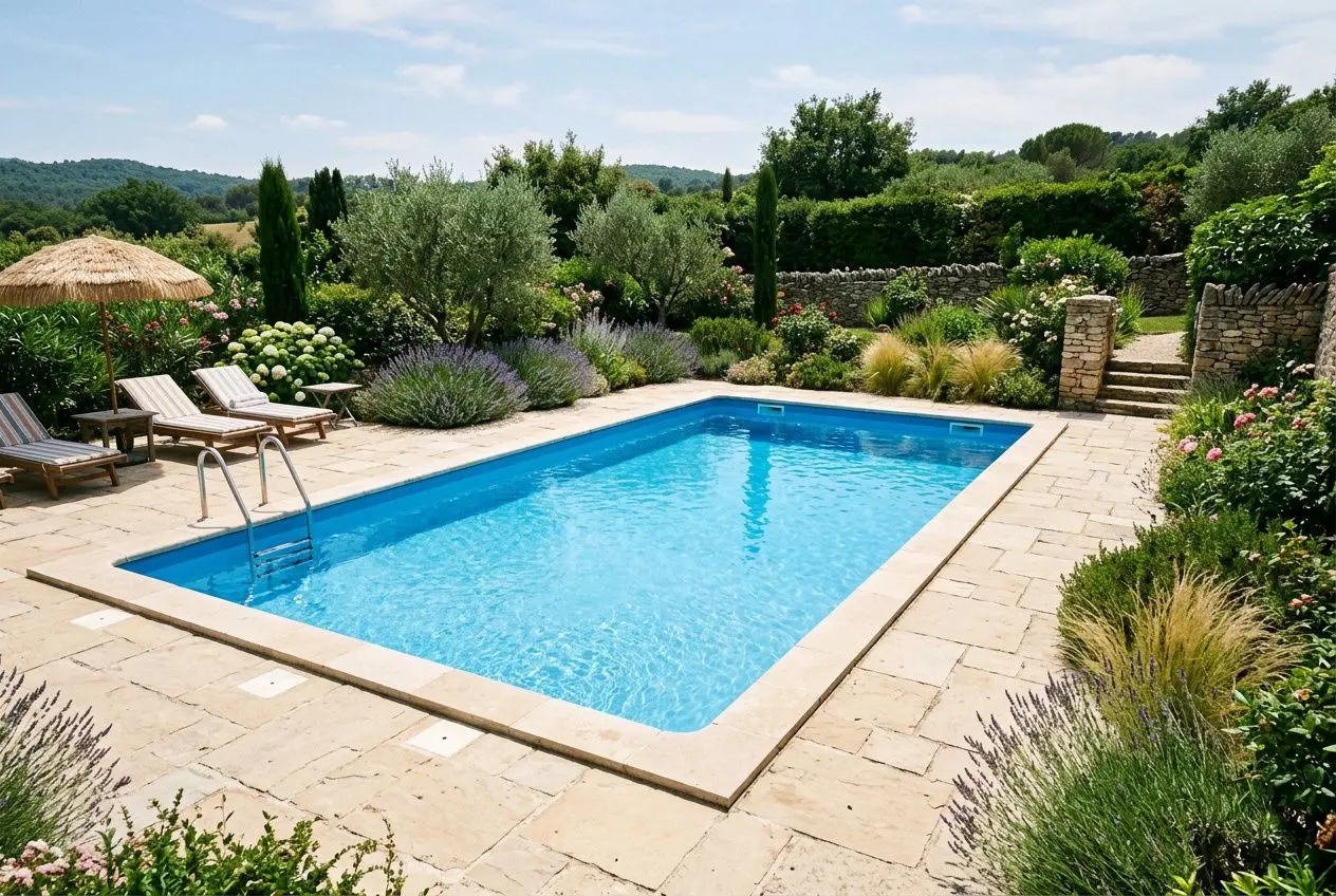 Piscine extérieure rectangulaire entourée de terrasse en pierre, avec chaises longues et parasol, jardin accueillant et verdure autour. Taxe foncière avec une piscine mentionnée.
