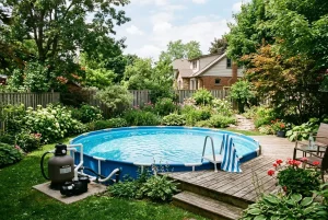 Piscine hors-sol ronde bleue entourée d’un jardin verdoyant et d’une terrasse en bois, avec matériel de filtration à côté. Entretien piscine hors sol et eau claire.