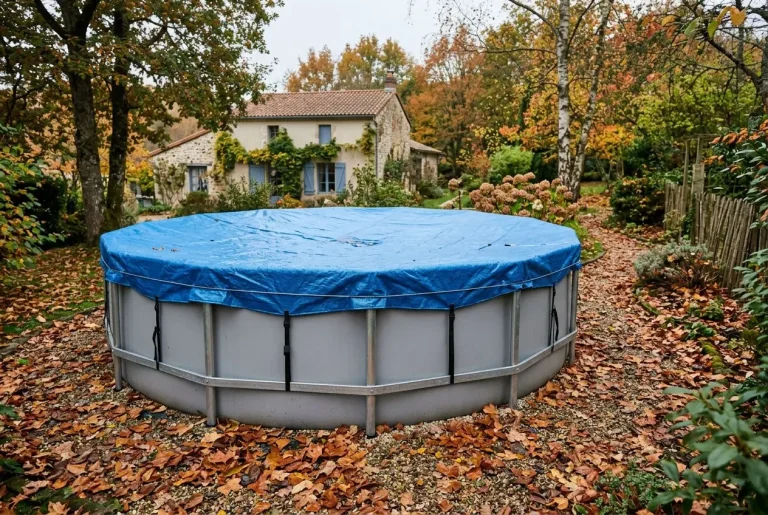 Piscine hors sol ronde couverte d’une bâche bleue, entourée de feuilles d’automne dans le jardin, prêt pour l’entretien piscine hors sol hiver.