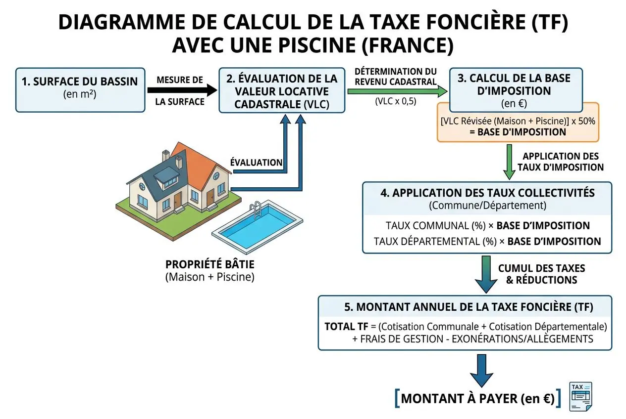 Plan du calcul de la taxe foncière avec une piscine: surface, valeur cadastrale, base d’imposition et montant à payer lié à une taxe foncière avec une piscine.