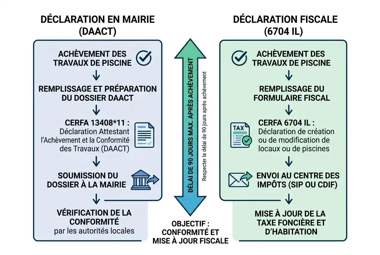 Processus de déclaration et mise à jour fiscale concernant la taxe foncière avec une piscine, avec inscription des étapes DAAC et formulaire fiscal CERFA 6704 IL.