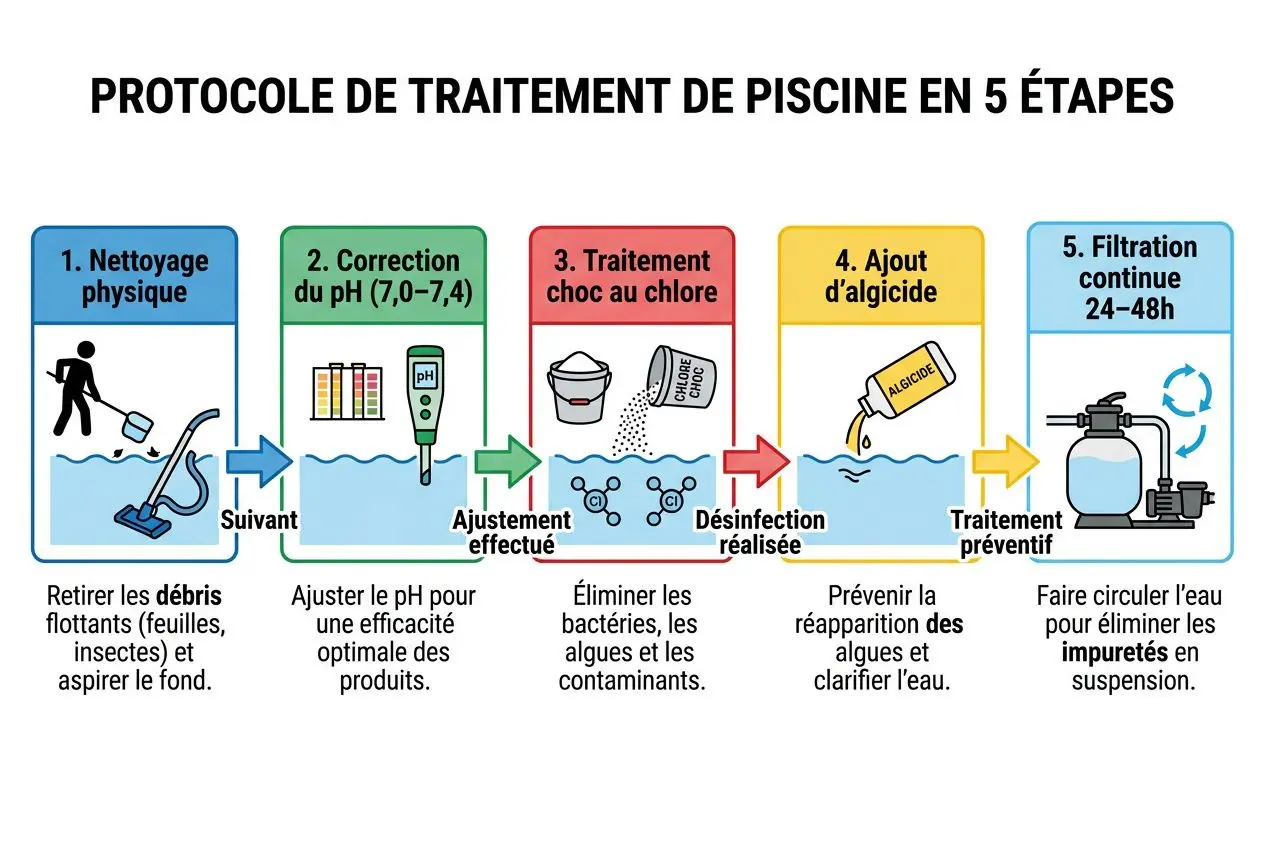 Protocole d’entretien piscines en 5 étapes pour rattraper une eau verte rapidement: nettoyage, correction pH, chlore choc, ajout d’algicide et filtration continue 24–48h.