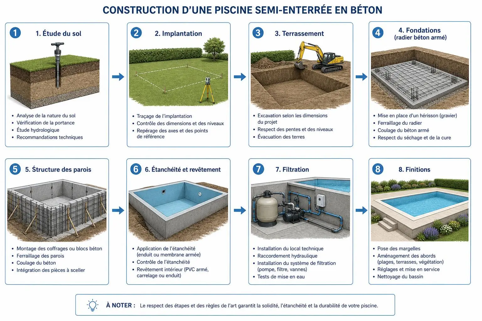 Schéma détaillé étapes de construction d’une piscine semi-enterrée en béton, de l’étude du sol à la finition.