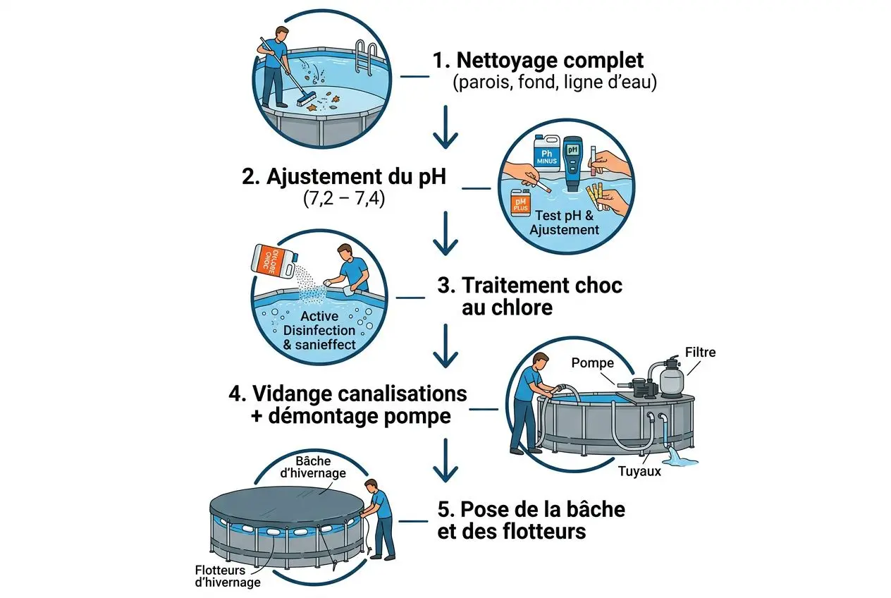Schéma étape par étape d’entretien piscine hors sol hiver: nettoyage, réglage du pH, désinfection, vidange et hivernage avec bache et flotteurs.