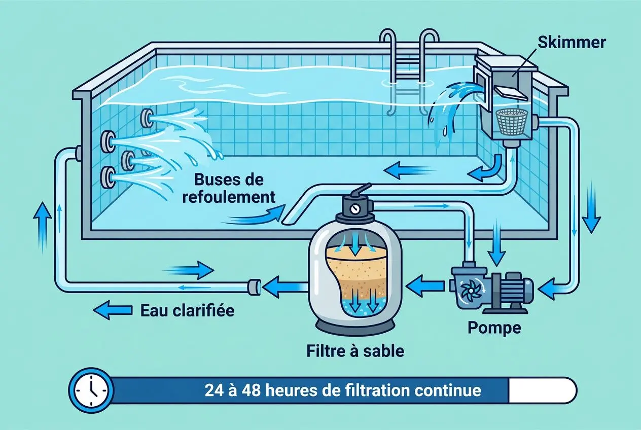 Schéma pédagogique d’une piscine avec filtration continue: flux d’eau vers le filtre à sable, pompe, buses de refoulement, eau clarifiée sortant vers la piscine et eau verte résiduelle traitée par le système Skimmer.