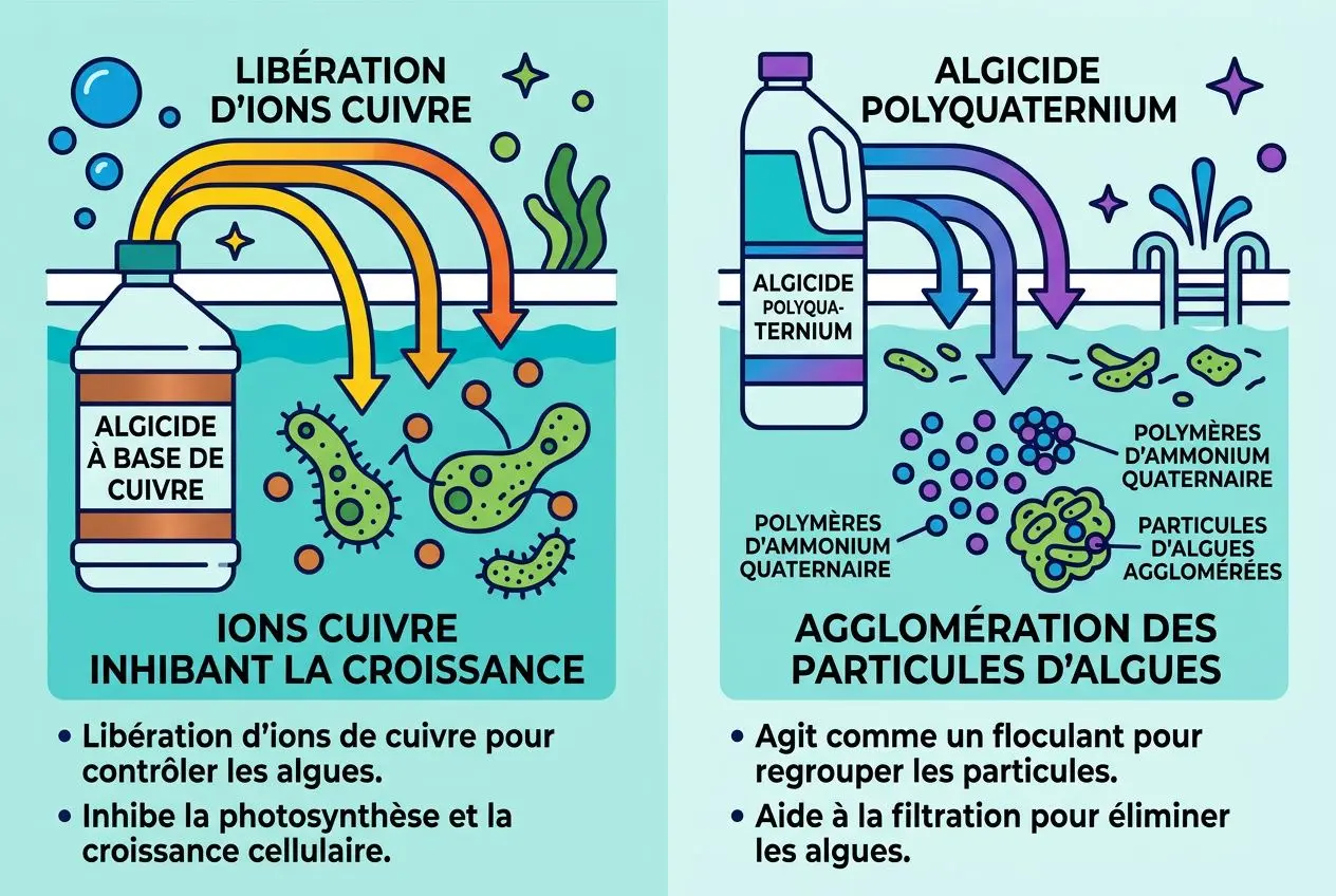 Traitement algues piscine: illustration montrant une bouteille d’algicide à base de cuivre et le processus d’inhibition des algues dans la piscine.