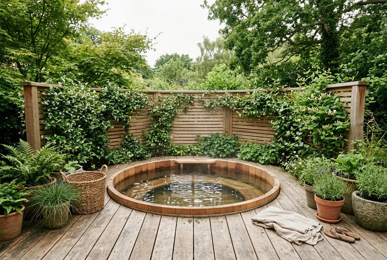 Bain rond intégré à une terrasse en bois entourée de haies et plantes, avec poufs et paniers, ambiance spa extérieur sur terrasse.