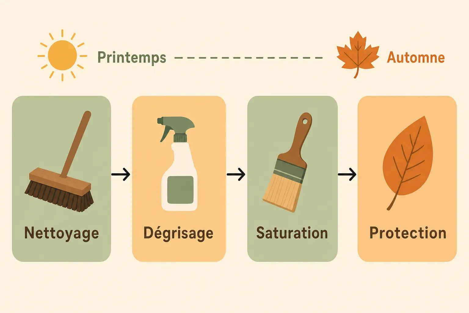 Bilan d’entretien d’une terrasse en bois : brossage/nettoyage, dégrisage avec spray, saturations et protection jusqu’à l’automne. intégré : comment entretenir sa terrasse en bois.