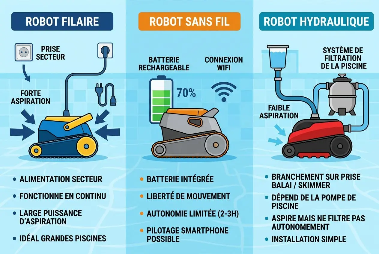 Comparatif illustré: "meilleur robot nettoyeur de piscine" avec trois types, filaire, sans fil et hydraulique, montrant caractéristiques et alimentation pour chaque.