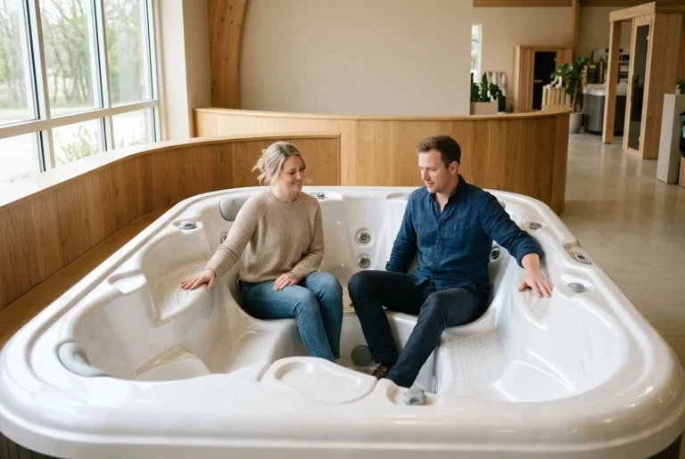 Deux personnes assises dans un spa rigide blanc intérieur lumineux, entourées d’un décor en bois, discutant tranquillement.