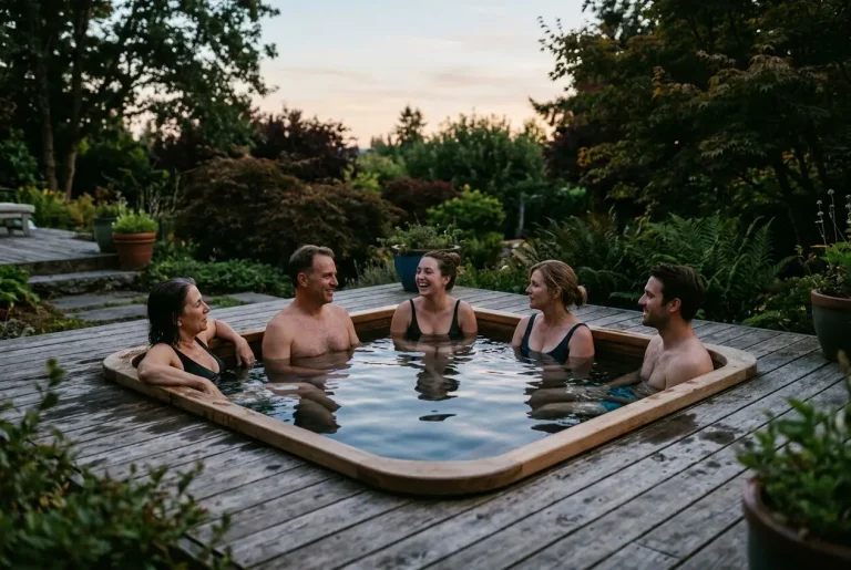Groupe de cinq personnes profitant d’un spa extérieur sur une terrasse en bois entourée de verdure au coucher du soleil. Comment choisir un spa intégrée naturellement.