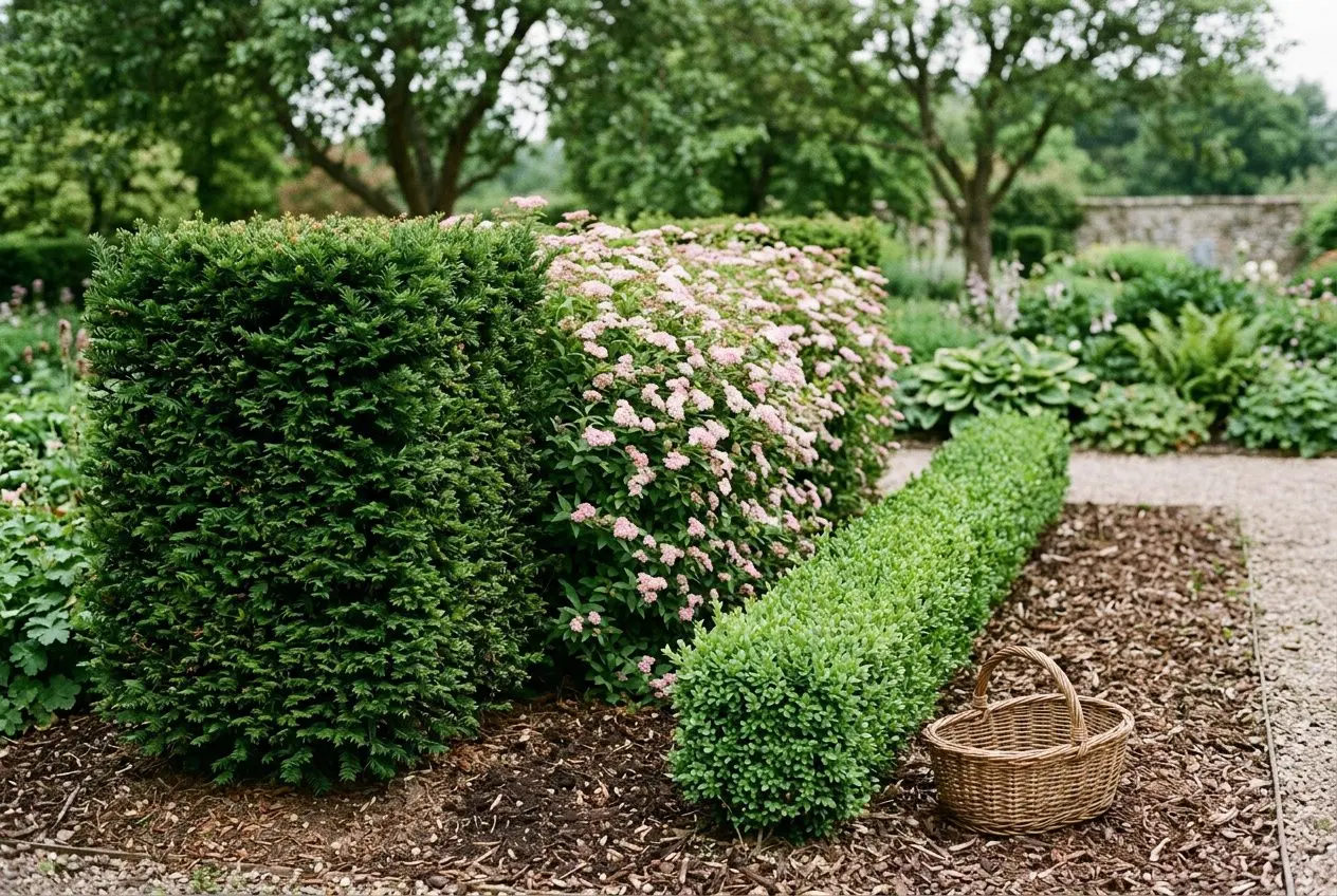 Haie taillée rayonnée et buis cultivés dans un jardin avec panier en osier, parfaits pour illustrer quand tailler les haies de son jardin.