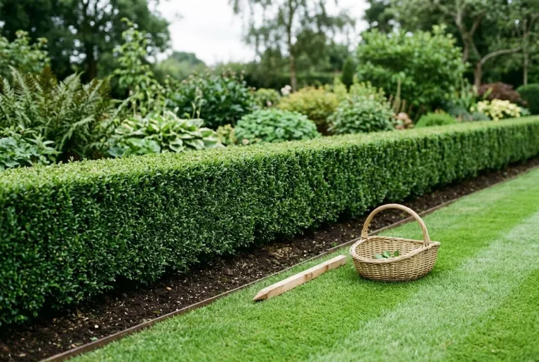Hinges d’une haie taillée au cordeau sur pelouse, outils et panier de collecte prêts pour quand tailler les haies de son jardin.