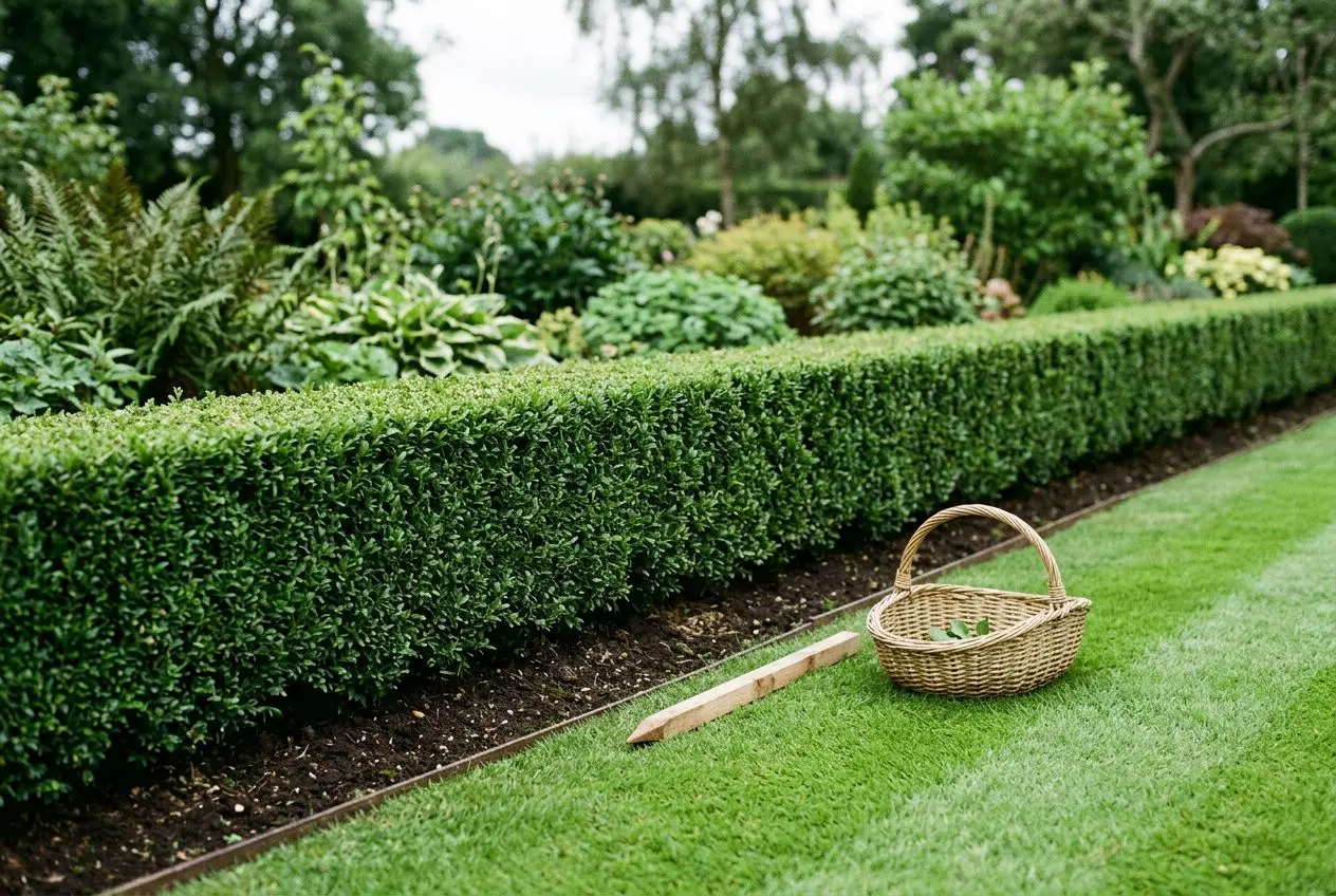 Hinges d’une haie taillée au cordeau sur pelouse, outils et panier de collecte prêts pour quand tailler les haies de son jardin.