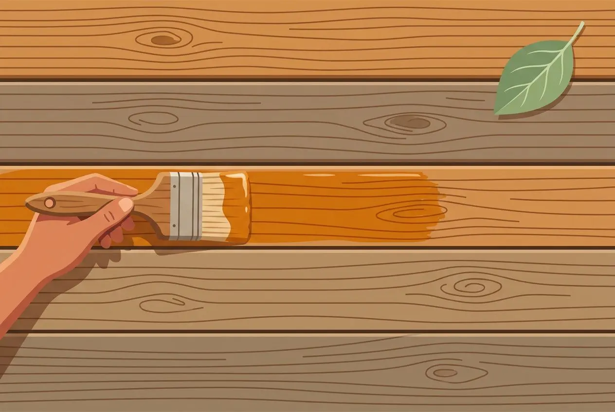 Une main peint une planche de bois avec pinceau: le bois reçoit une teinte orange, sur un plan de terrasse en bois avec une feuille verte à côté.