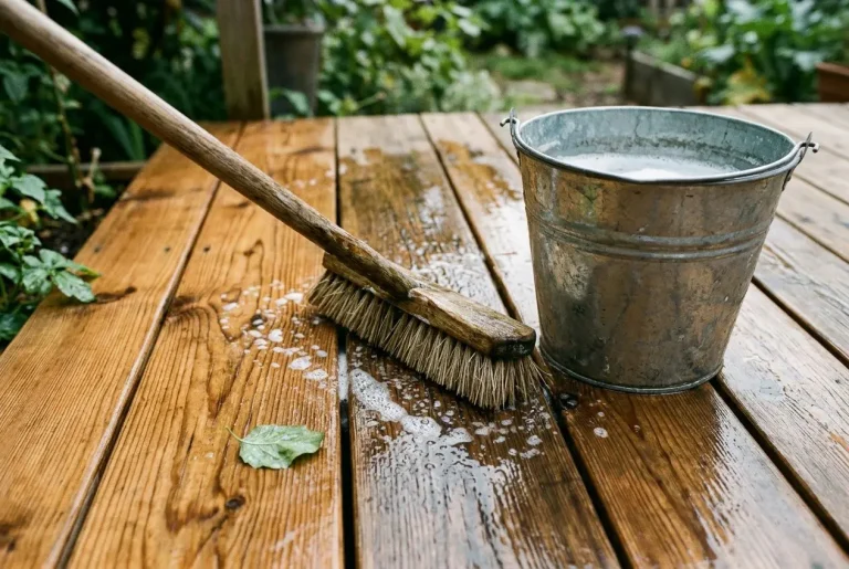 Nettoyage d’une terrasse en bois: balayette pour bois et seau d’eau savonneuse sur des planches, feuilles vertes au bord. comment entretenir sa terrasse en bois.