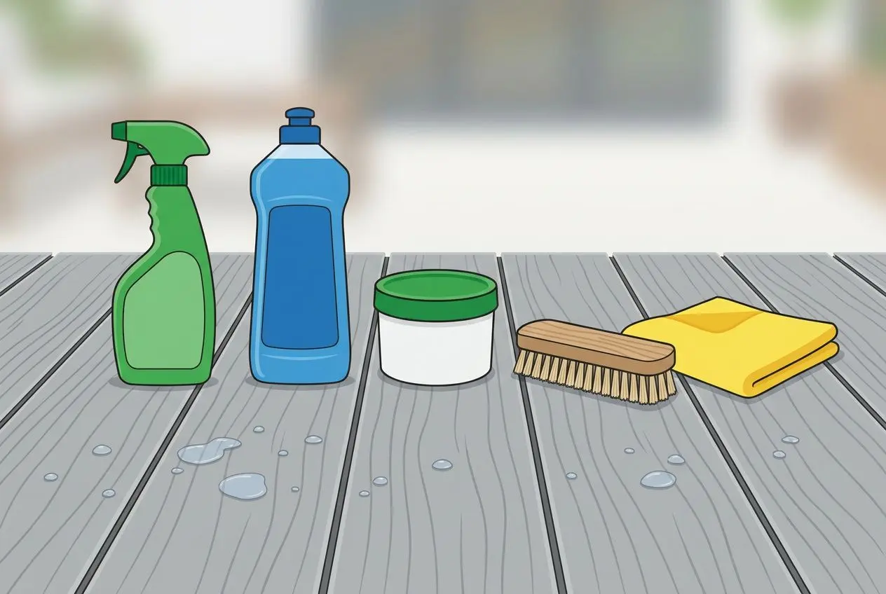 Nettoyage et entretien d’une terrasse composite: produits, brosses et chiffons posés sur le bois, prêt à être entretenu.