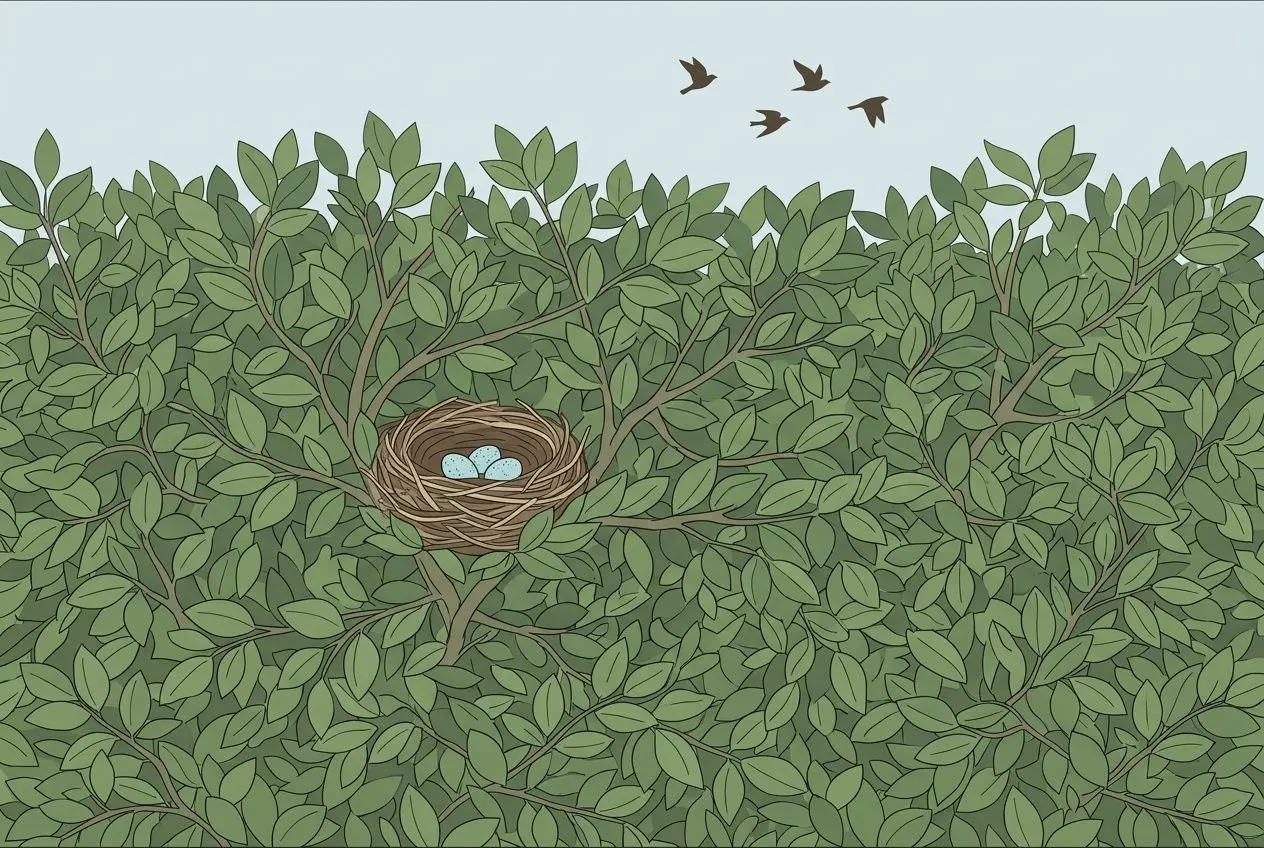 Oiseau volant au-dessus d’un grand arbre feuillu, autour d’un nid avec des œufs bleus.