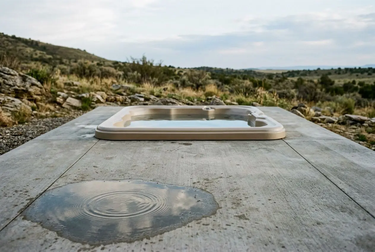 Petit spa encastré sur une terrasse en béton, avec paysage rural autour et ciel dégagé. Aménagement spa extérieur sur terrasse.