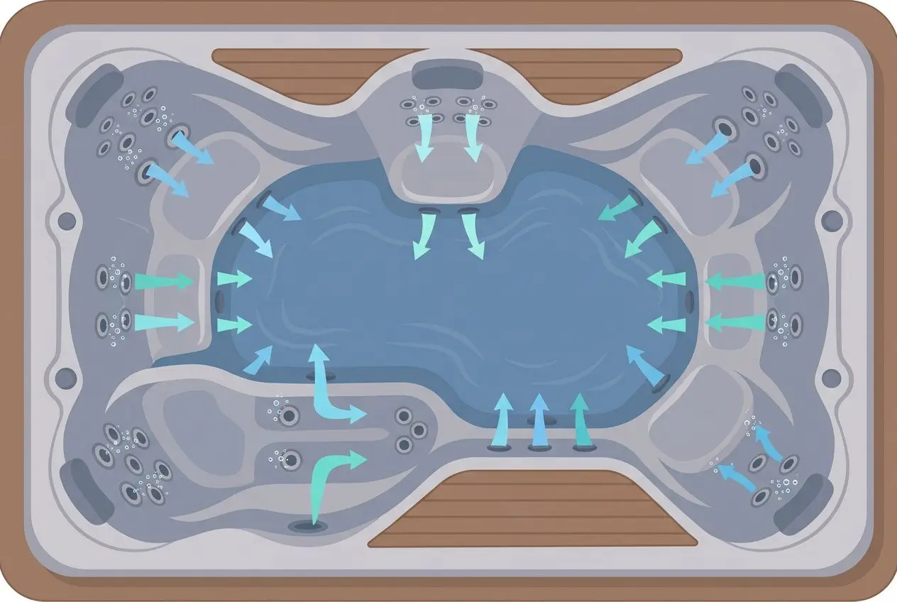 Plan du spa extérieur avec jets et massage, dessin pédagogique montrant circulation d’eau et positions des buses, utile pour comment choisir un spa.