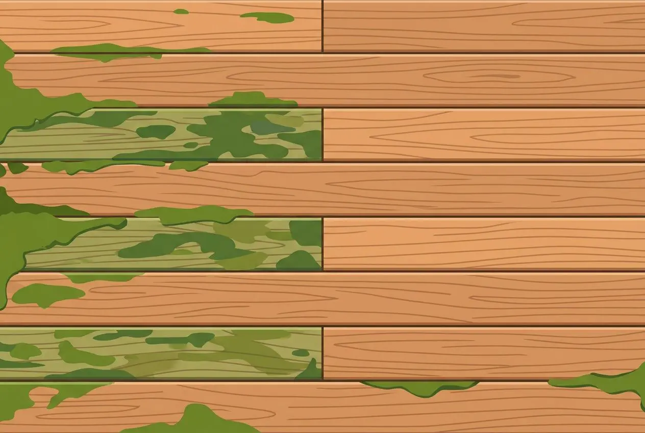 Plaque de terrasse en bois avec des traces vertes d’algues ou de moisissure, suggérant un besoin d’entretien terrasse composite.