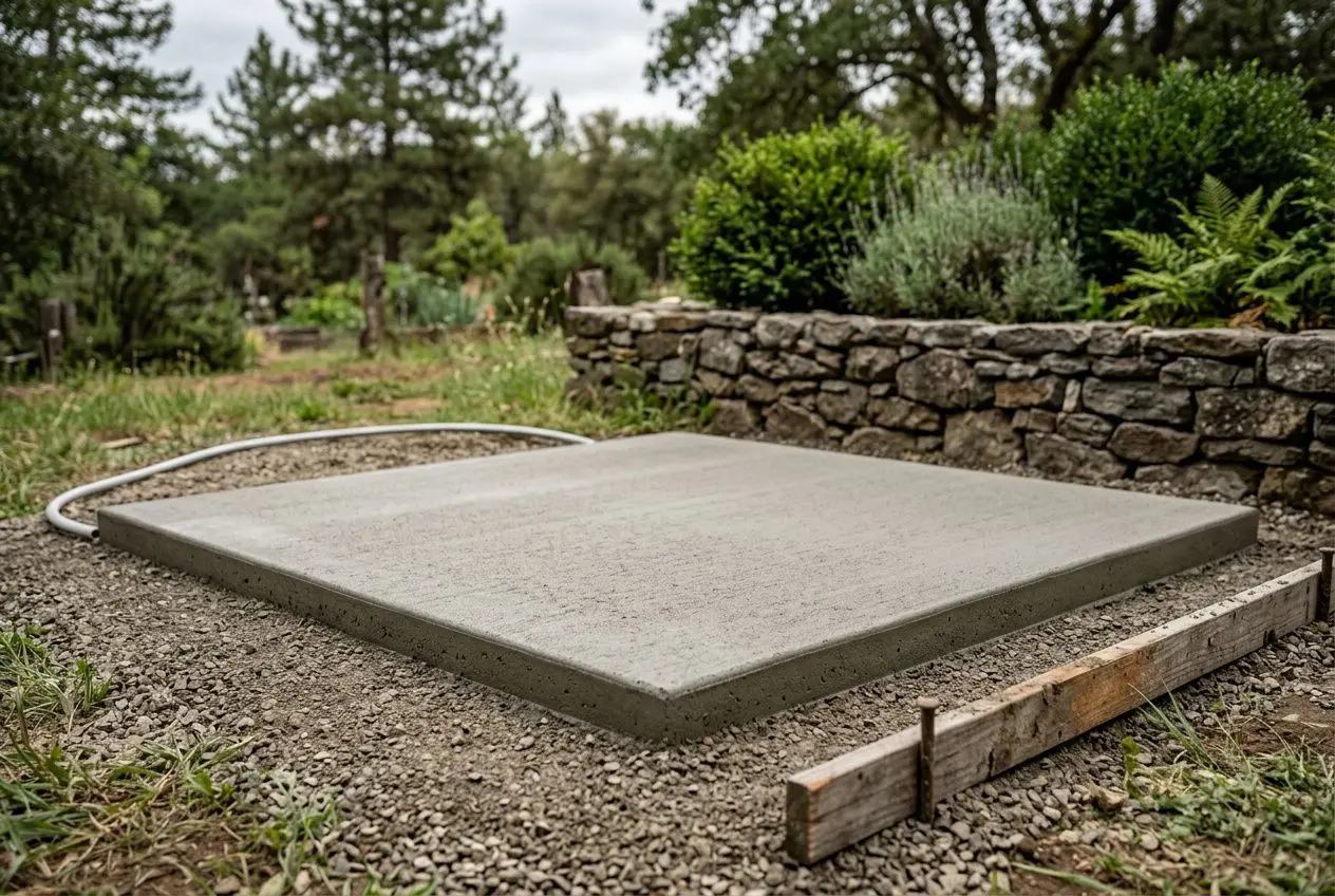 Plateforme en béton prête pour l’installation d’un spa rigide, entourée d’un chemin en gravier et d’un muret en pierres.