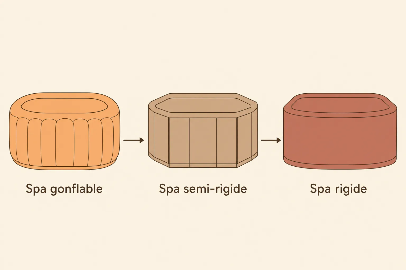 Progression illustrant les niveaux de spa gonflable → spa semi-rigide → spa rigide, montre l’évolution de la structure. comment choisir un spa rigide intégré si nécessaire.