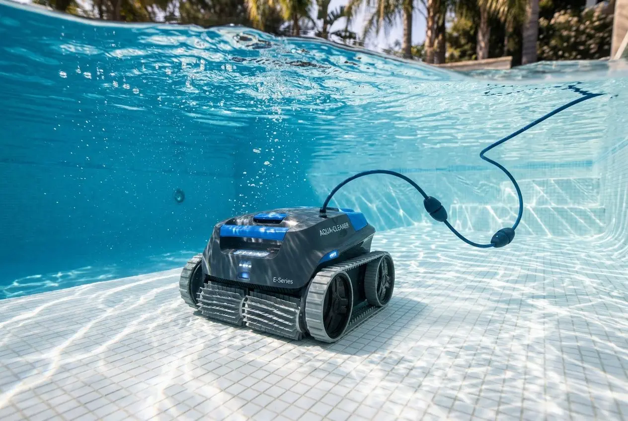 Robot nettoyeur de piscine télécommandé sous l’eau, câble et tapis de filtration visibles, plongé dans une piscine claire. Meilleur robot nettoyeur de piscine.