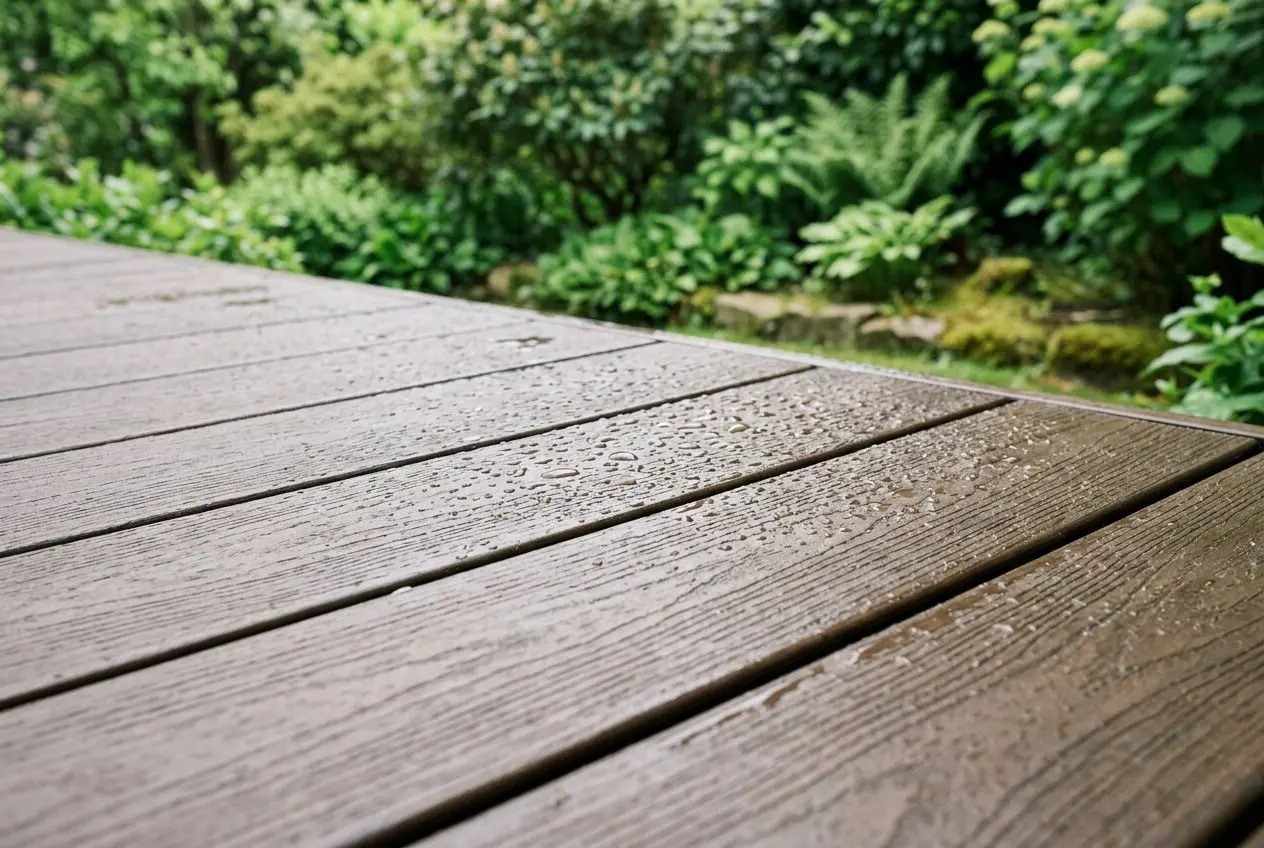 Terrasse composite en bois brun, légèrement humide, avec fond végétal verdoyant et mousse légère sur les joints.