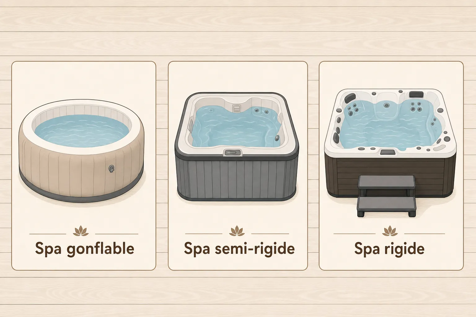 Trois spas extérieurs sur terrasse: spa gonflable, spa semi-rigide et spa rigide, prêts à installer. Aménagement spa extérieur sur terrasse.
