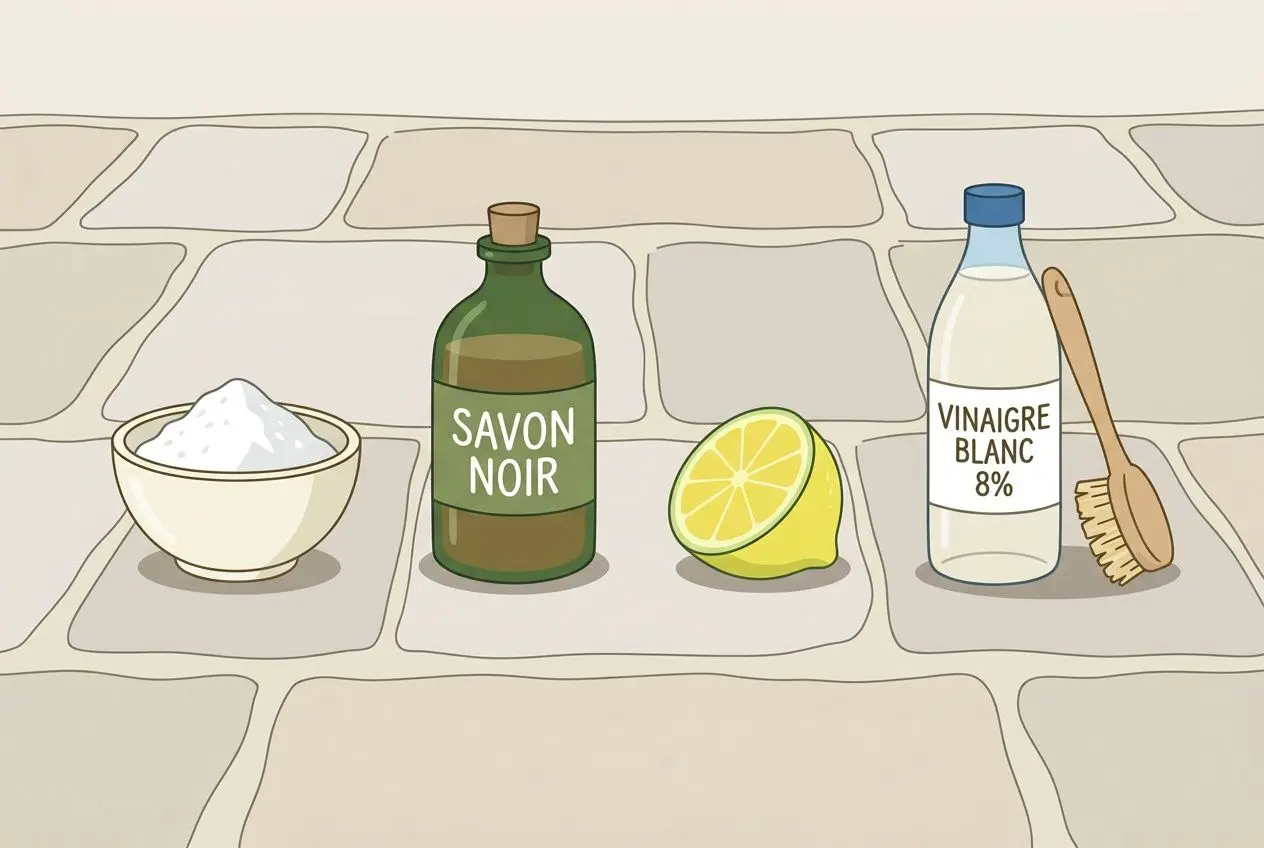 Assortiment d’ingrédients pour enlever mousse terrasse naturellement: bicarbonate, savon noir, vinaigre blanc et citron sur une terrasse pavée.