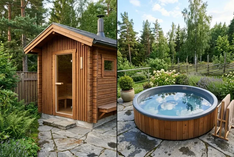 Cabane en bois de jardin et spa jacuzzi rond extérieur entouré de verdure, prêt pour une détente bien-être. Sauna ou spa lequel est mieux?