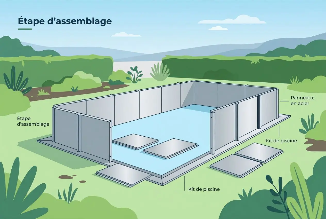 Étapes d’assemblage d’une piscine enterrée avec blocs et kit de piscine, montrant panneaux en acier et éléments de terrasse autour. piscine enterrée combien coûte intégré.